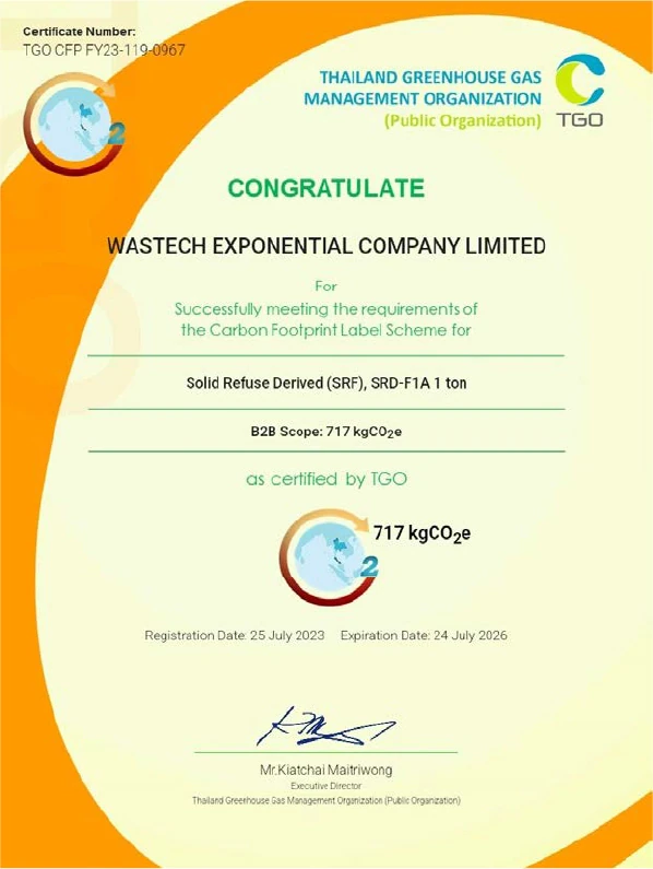 Successfully meeting the requirements of the Carbon Footprint Label Scheme for Solid Refuse Derived (SRF), SRD-FD 1 ton